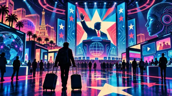 Illustrazione editoriale della campagna satirica di Alex Anderson in una fiera tecnologica a Las Vegas