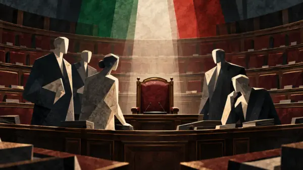 Illustrazione editoriale di un seggio di governo vuoto nell’aula parlamentare, simbolo della necessità di un nuovo esecutivo competente