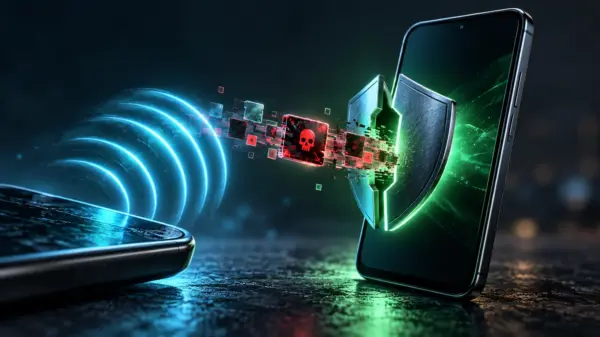 Illustrazione concettuale di un file malware che attraversa una connessione wireless verso uno smartphone