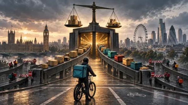 Corriere in bicicletta davanti a flussi di pacchi e consegne che convergono sotto una bilancia a Londra