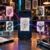 Smartphone collega un'idea per un tatuaggio ai portfolio di diversi artisti in uno studio moderno