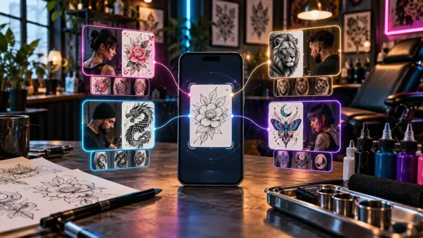 Smartphone collega un'idea per un tatuaggio ai portfolio di diversi artisti in uno studio moderno