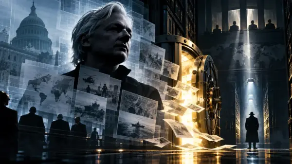 Illustrazione editoriale concettuale su Julian Assange, WikiLeaks e la rivelazione di documenti riservati