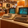 Due computer domestici di fine anni Settanta esposti in una fiera tecnologica con monitor a grafica geometrica