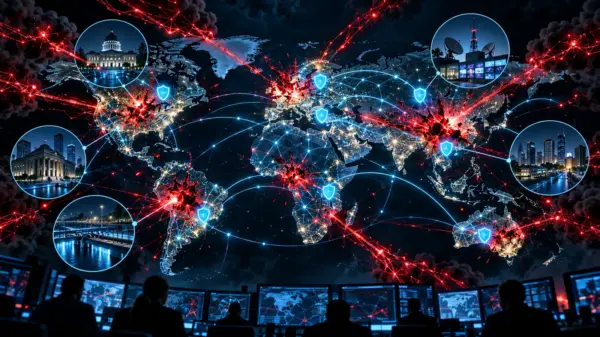 Illustrazione editoriale di una rete mondiale colpita da attacchi informatici e protetta da difese digitali