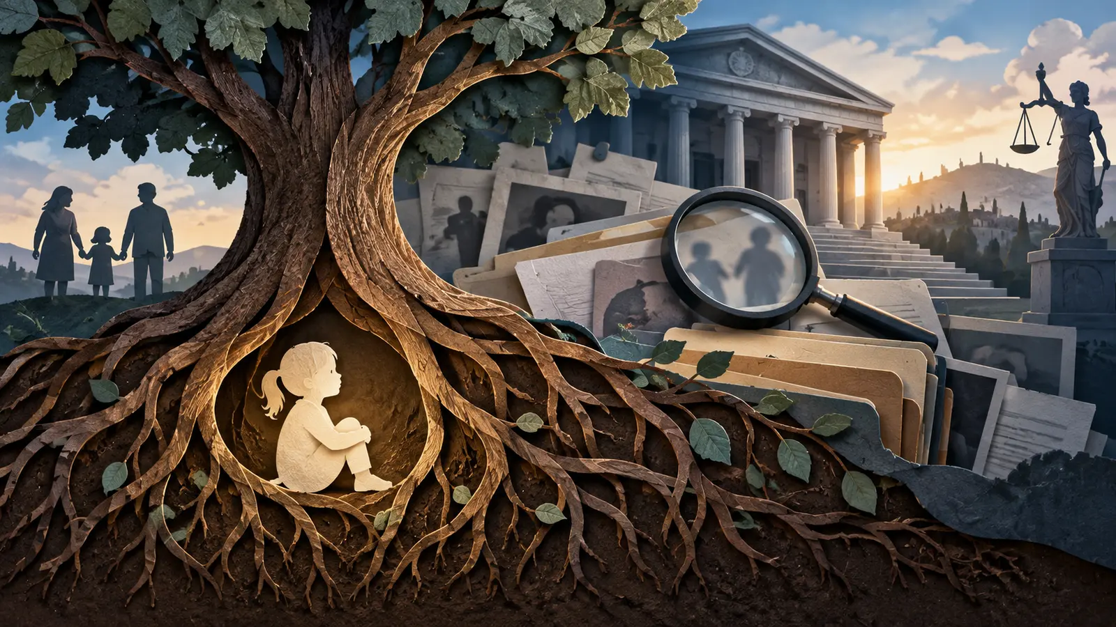 Illustrazione concettuale sulla tutela dei minori, le radici familiari e il dovere dell’inchiesta