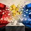 Illustrazione editoriale concettuale sul ritorno del bipolarismo e la frammentazione del Movimento 5 Stelle dopo le elezioni regionali