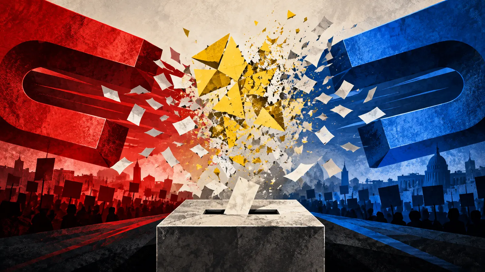 Illustrazione editoriale concettuale sul ritorno del bipolarismo e la frammentazione del Movimento 5 Stelle dopo le elezioni regionali