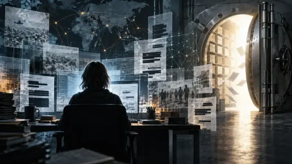 Illustrazione editoriale su Chelsea Manning e i documenti classificati