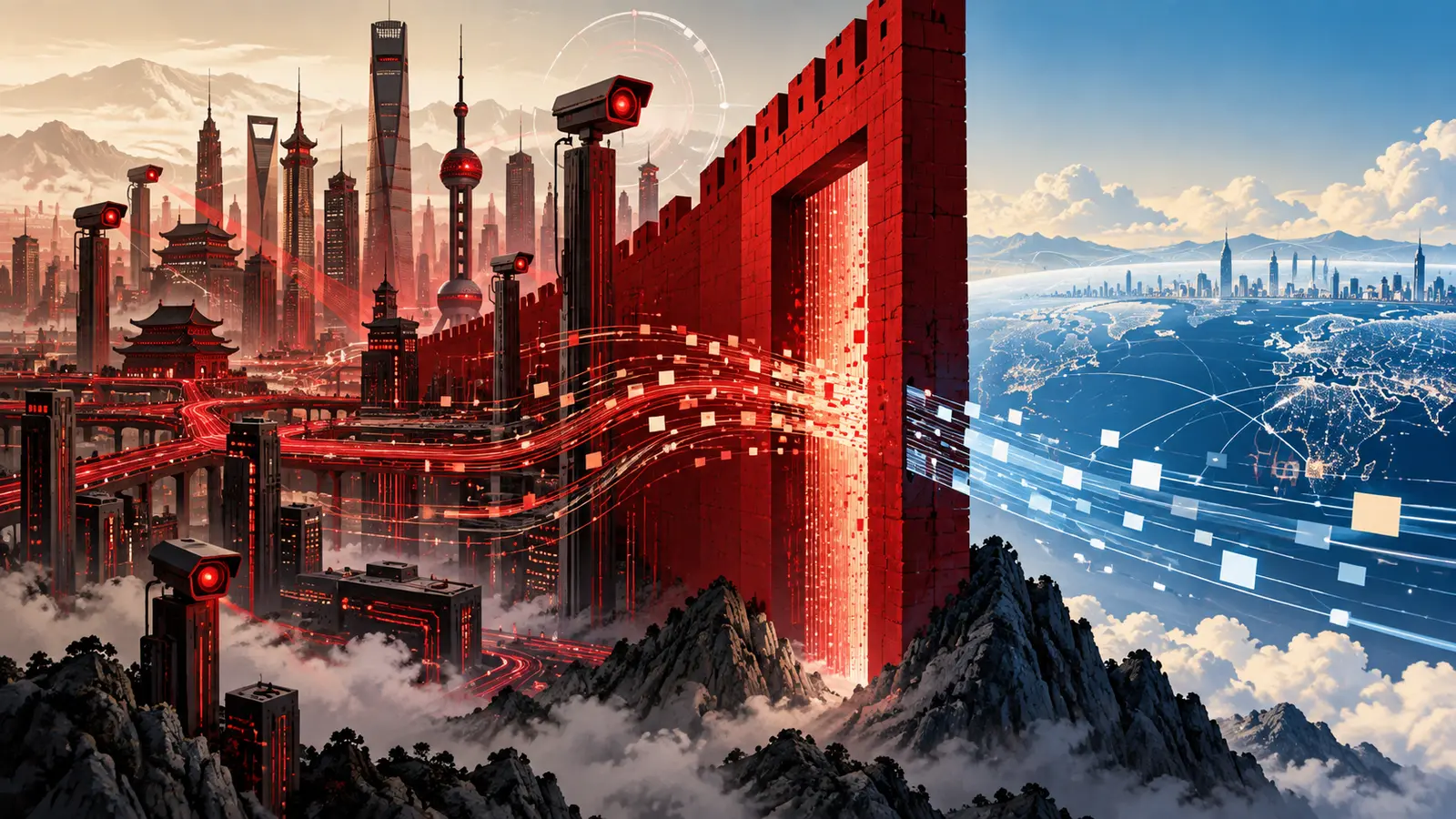 Illustrazione editoriale sulla censura digitale cinese e la sfida tecnologica all’Occidente