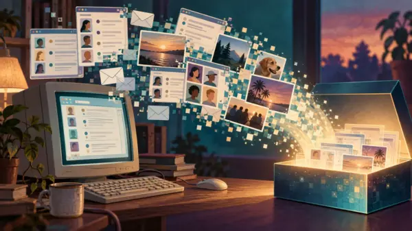 Illustrazione editoriale di forum, email e ricordi del primo web archiviati in una scatola digitale