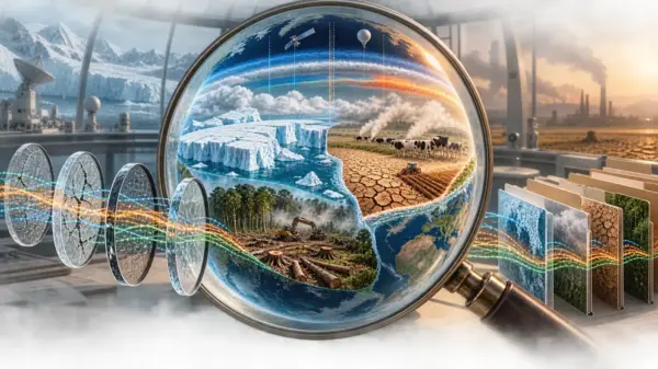 Illustrazione editoriale del pianeta osservato attraverso una lente tra ghiacci, siccità, deforestazione, allevamenti e filtri di dati climatici
