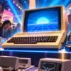Computer domestico color beige con joystick e monitor luminoso al centro di una fiera tecnologica dei primi anni Ottanta