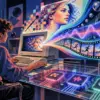 Illustrazione retrofuturista di un home computer anni Ottanta che trasforma grafica, suono e animazione attraverso tre chip specializzati
