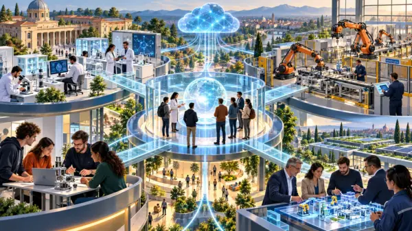 Illustrazione editoriale di un competence center che collega università, imprese e tecnologie digitali