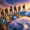 Illustrazione editoriale di lavoratori che attraversano un ponte di competenze verso l’economia digitale
