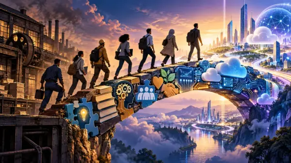 Illustrazione editoriale di lavoratori che attraversano un ponte di competenze verso l’economia digitale