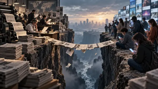 Illustrazione editoriale sul baratro tra giornalisti e pubblico causato dalla crisi economica dell’informazione