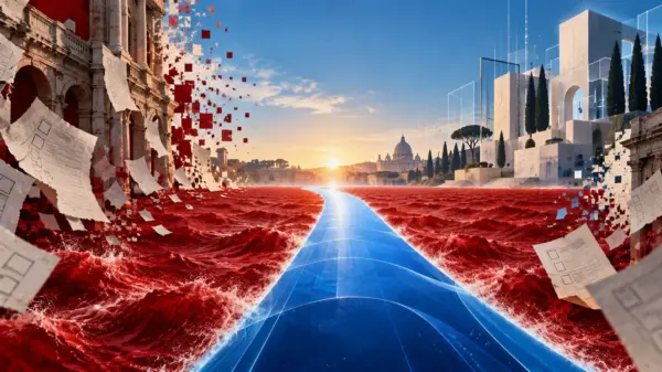 Illustrazione concettuale con un percorso blu che attraversa un oceano rosso verso l’innovazione politica