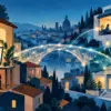 Illustrazione editoriale di cittadini, imprese e servizi pubblici collegati da una rete digitale luminosa