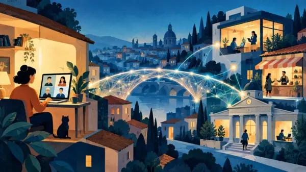 Illustrazione editoriale di cittadini, imprese e servizi pubblici collegati da una rete digitale luminosa