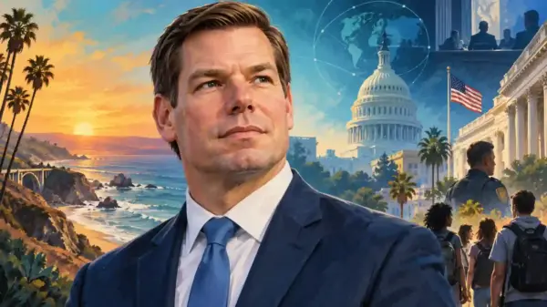 Ritratto editoriale di Eric Swalwell tra California, Congresso, sicurezza pubblica e istruzione