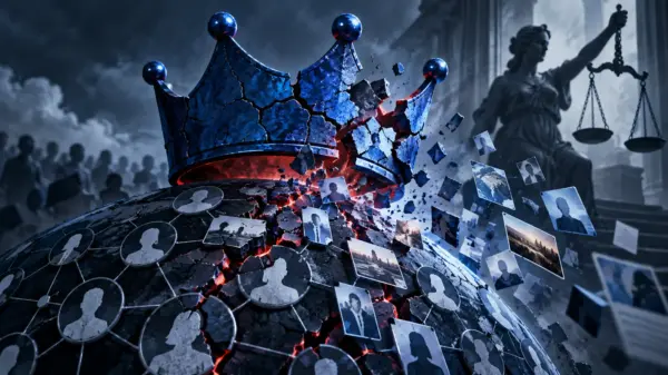 Corona blu incrinata sopra una rete di profili e dati esposti, simbolo della crisi di privacy di Facebook nel 2019