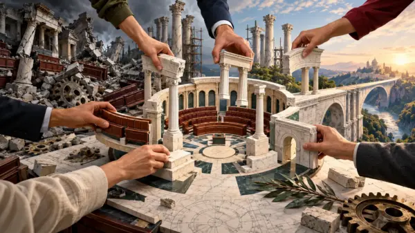 Illustrazione concettuale di un’architettura istituzionale ricostruita da mani diverse tra rovine, colonne e un ponte verso il futuro