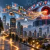 Illustrazione editoriale di una persona tracciata in città da un sistema digitale di raccolta dei dati