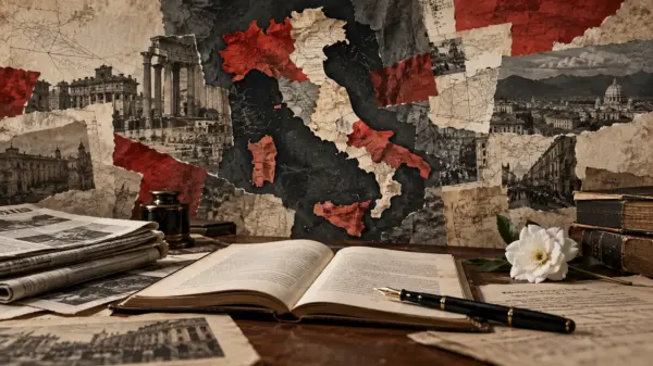 Composizione editoriale concettuale con libro, giornali e mappa d’Italia dedicata a Giampaolo Pansa
