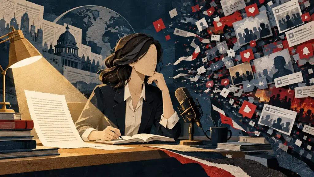 Illustrazione editoriale di una giornalista anonima tra approfondimento e rumore dei social
