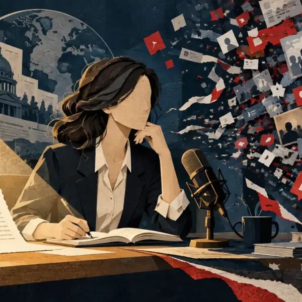 Illustrazione editoriale di una giornalista anonima tra approfondimento e rumore dei social