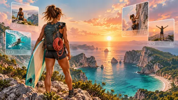 Illustrazione editoriale di una creator tra viaggi, sport estremi e racconto sui social