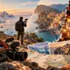 Videomaker in viaggio tra paesaggi artici, Mediterraneo e mercato asiatico con zaino e videocamera
