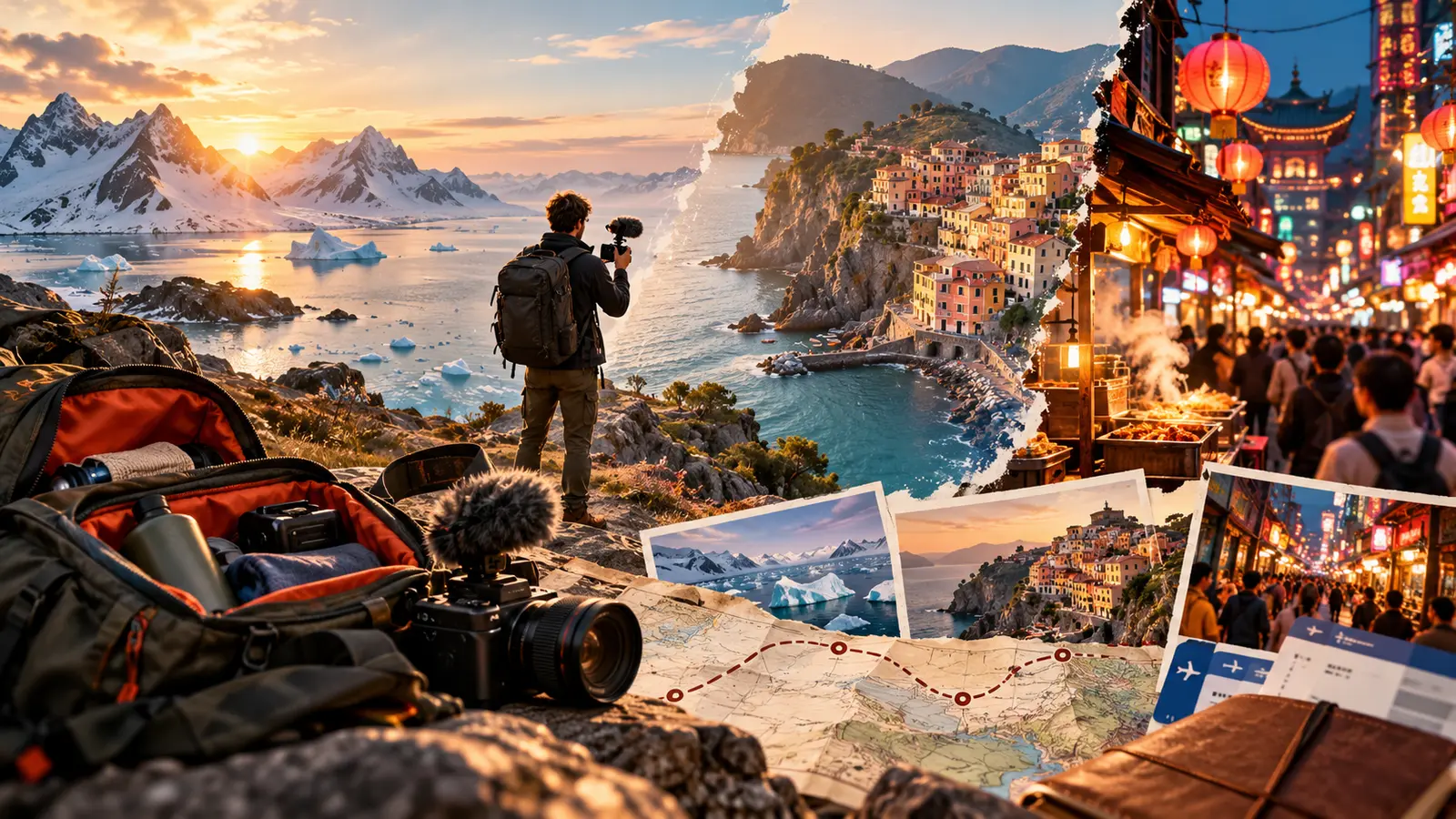 Videomaker in viaggio tra paesaggi artici, Mediterraneo e mercato asiatico con zaino e videocamera