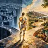 Illustrazione concettuale di una figura umana al bivio tra un labirinto algoritmico e un paesaggio di memoria, comunità e libertà