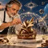 Illustrazione editoriale di alta pasticceria, reti digitali, sorveglianza e istituzioni