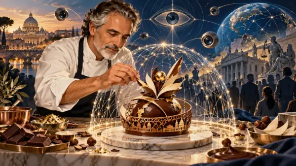 Illustrazione editoriale di alta pasticceria, reti digitali, sorveglianza e istituzioni