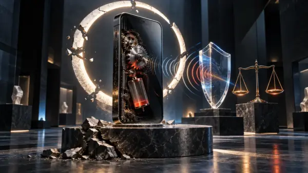 Smartphone-monolite con ingranaggi e batteria in difficoltà, davanti a uno scudo e alla bilancia della tutela dei consumatori