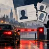 Composizione editoriale concettuale con auto fermata a un controllo londinese per irregolarità di licenza e sicurezza