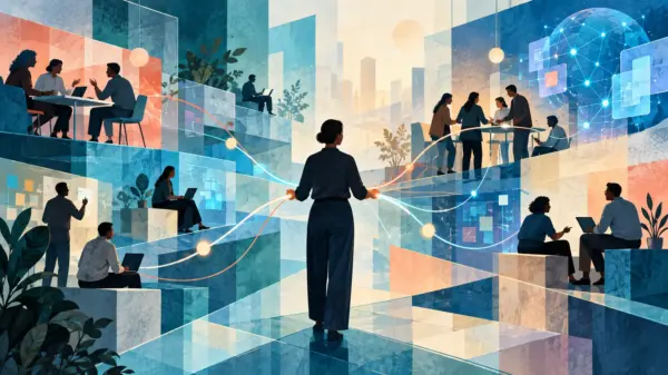 Manager anonimo che collega persone, competenze e tecnologie in una rete aziendale contemporanea