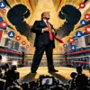 Collage editoriale di Donald Trump al centro di un ring mediatico tra riflettori, telecamere e simboli social