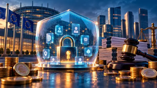 Illustrazione editoriale sulla tutela dei dati personali e le sanzioni europee per le violazioni della privacy online
