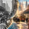 Illustrazione editoriale di una strada di New York del 1911 che emerge da una pellicola restaurata con l'intelligenza artificiale