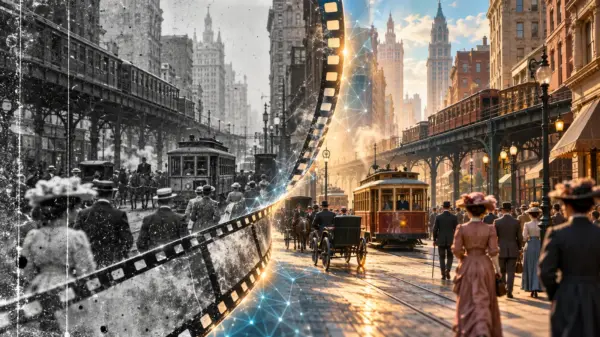 Illustrazione editoriale di una strada di New York del 1911 che emerge da una pellicola restaurata con l'intelligenza artificiale