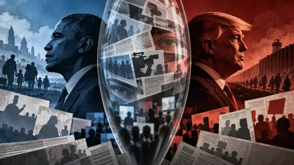 Illustrazione editoriale concettuale sul confronto tra Obama e Trump e il filtro della narrazione mediatica