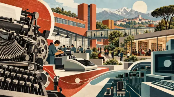 Illustrazione editoriale dell’evoluzione Olivetti dalle macchine per scrivere ai primi computer, tra design e responsabilità sociale
