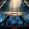 Microfoni, social network e tutela dei bambini in un'illustrazione editoriale