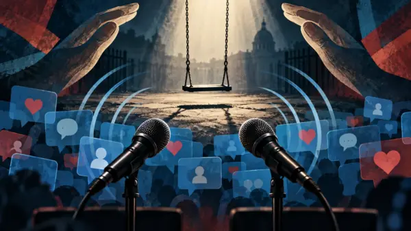Microfoni, social network e tutela dei bambini in un'illustrazione editoriale