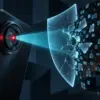 Copertina editoriale concettuale con fotocamera di uno smartphone che infrange una barriera digitale di privacy